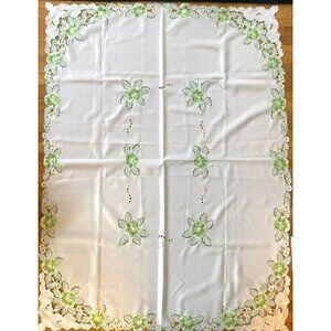 Embroidered White Rectangle Tablecloth Floral Green Yellow Lace 6 Napkin 67"x51"
